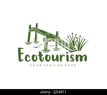 Ecotourism, dock, pier and aquatic plants, logo design. Traveling, tourism, rural scene and agritourism, vector design and illustration Stock Vector
