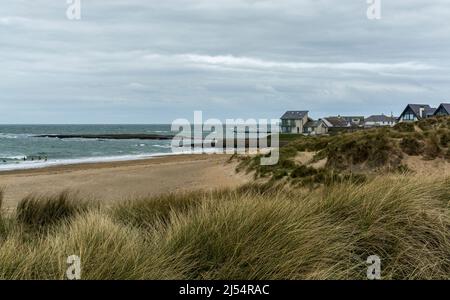 View of Treath Llydan beach at Rhosneigr, Anglesey, North Wales, UK. Taken on 5th April 2022. Stock Photo