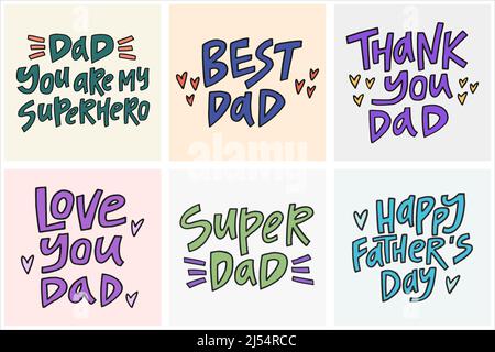 Set of hand-drawn quotes about Fathers day. Collection of modern lettering with decor elements for posters, cards, etc. Stock Vector