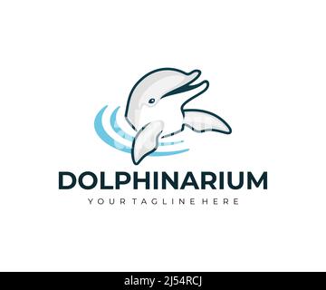 Dolphinarium, dolphin in water and waving its fins, logo design. Animal, fish, sea life and underwater world, vector design and illustration Stock Vector