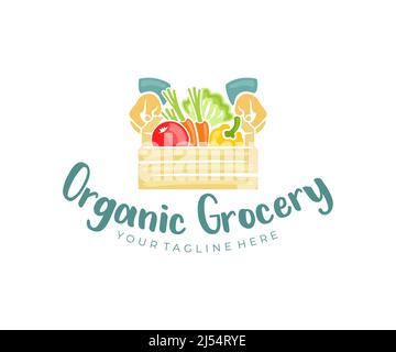 Hands hold a wooden box with vegetables and fruits, logo design. Grocery, food, meal, agriculture and farming, vector design and illustration Stock Vector