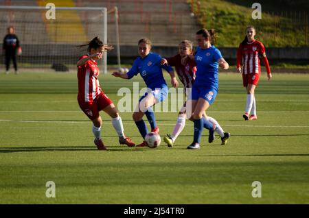 Women football, a tough duel between player Stock Photo