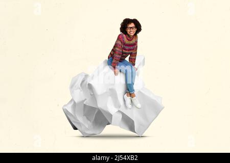 Modern sketch of clever lady sit unusual big paper enjoy brilliant creativity isolated over pastel color background Stock Photo