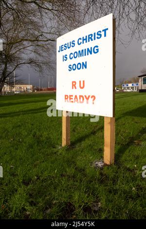 Evangelical Christian sign outside a church in Ballymena Co. Antrim reads 'Jesus Christ is coming soon R U Ready'? Stock Photo