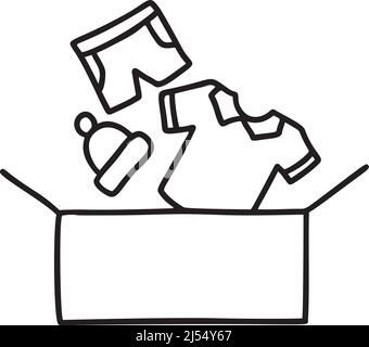Vector Clothes donating linear icon. Thin monoline illustration humanitarian aid. Donation box with t-shirt, hat and others. Used clothes. Charity Stock Vector