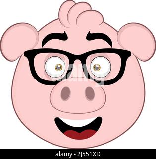 Vector illustration of the face of a cartoon pig with nerd glasses Stock Vector