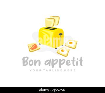 Toaster and toast, bread, eggs and jam, logo design. Food, meal, breakfast, canteen and catering, vector design and illustration Stock Vector