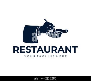 Waiter takes the order, restaurant, food and meal, logo design. Catering, canteen, eatery, vector design and illustration Stock Vector