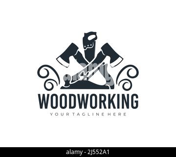 Woodworking, hand saw, axes and planer, logo design. Construction, building, carpentry and  joiner, vector design and illustration Stock Vector
