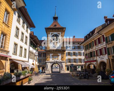 Murten, Switzerland - March 24.2022: Berntor, city gate in Murten or Morat, a bilingual municipality in the lake district of the canton of Fribourg. Stock Photo