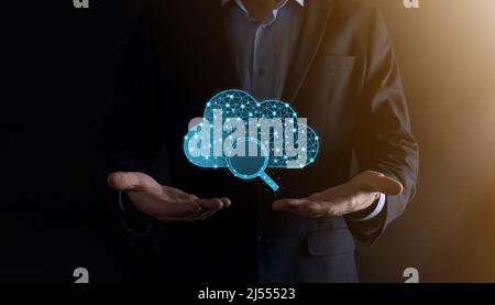 Cloud technology. Polygonal wireframe cloud storage sign with search magnifier icon on dark blue. Cloud computing, big data center, future infrastruct Stock Photo