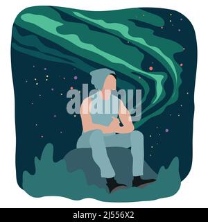 Lonely Man sitting on a mountain for watching night sky Aurora Stock Vector