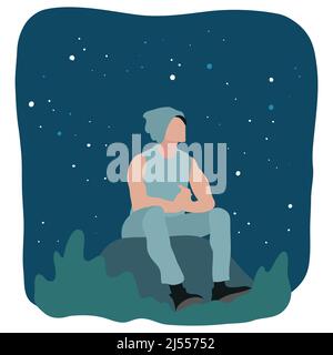 Lonely Man sitting on a mountain for watching night sky . Vector illustration Stock Vector
