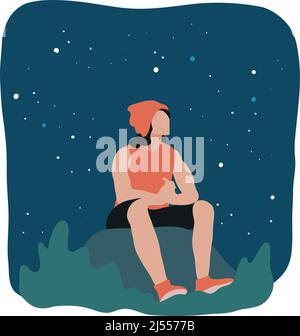 Lonely Man sitting on a mountain for watching night sky . Vector illustration Stock Vector
