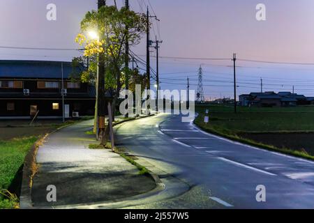 Wet winding road through rural land at sunset after rain  Stock Photo