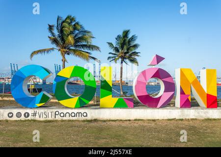 Colon sign and harbour, Colon Province, Republic of Panama Stock Photo