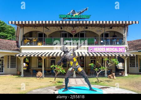 Usain Bolt's statue and Tracks & Records Restaurant, St James Plaza, Montego Bay, St James Parish, Jamaica, Greater Antilles, Caribbean Stock Photo