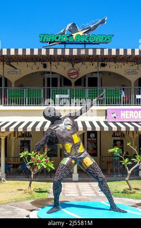 Usain Bolt's statue and Tracks & Records Restaurant, St James Plaza, Montego Bay, St James Parish, Jamaica, Greater Antilles, Caribbean Stock Photo
