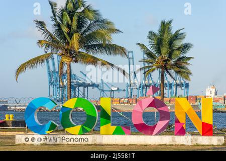 Colon sign and harbour, Colon, Colon Province, Republic of Panama Stock Photo