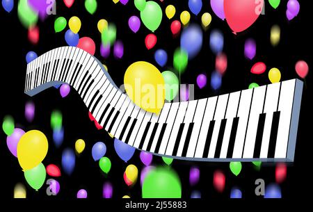 A piano keyboard is seen with floating party balloons in a 3-d illustration. Stock Photo