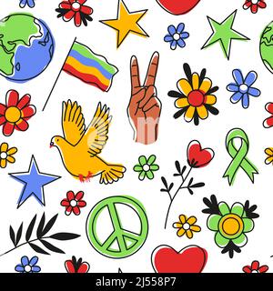 Peace symbols seamless pattern. 60s hippie psychedelic wallpaper, repeat love, freedom and ecological elements, stop war, white background. Decor Stock Vector
