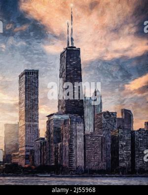 Chicago USA city center skyscrapers and architecture, America travel downtown, drawing in oil wall art print for canvas or paper poster, tourism Stock Photo