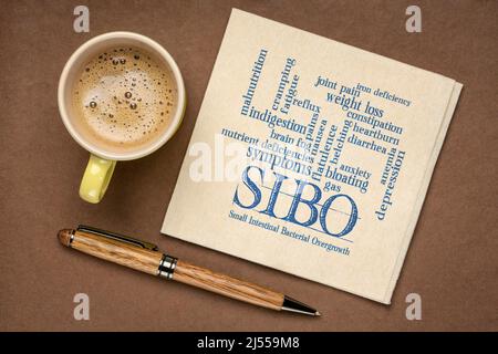 SIBO (small intestinal bacterial overgrowth) symptoms - word cloud on a napkin, flat lay with a cup of coffee, gut health concept Stock Photo