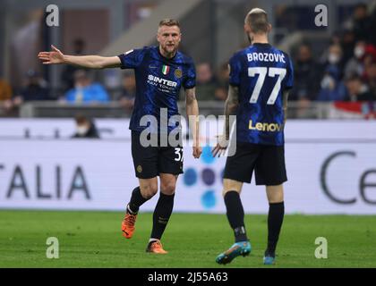 Milan, Italy, 19th April 2022. Milan Skriniar of FC Internazionale reacts towards team mate Marcelo Brozovic during the Coppa Italia match at Giuseppe Meazza, Milan. Picture credit should read: Jonathan Moscrop / Sportimage Stock Photo