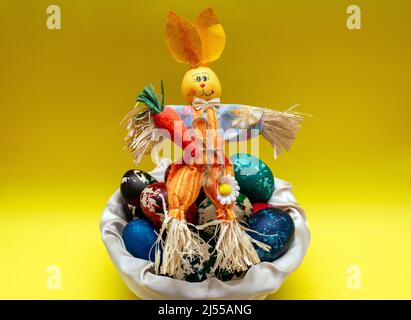 Easter painted eggs with  bunny to celebrate the holiday Stock Photo