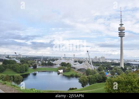 View of Olympic Park (Olympia park) and Olympic Tower. Famous tourist attraction at Munich, Germany Stock Photo