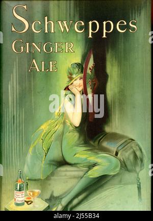 Original cardboard Schweppes Ginger Ale advert to stand on a pub bar top - the illustration is of a beautiful stylish young woman in a green flapper style dress, wearing a cloche style hat. Ginger beer is often used as a mixer and is a non-alcoholic fizzy drink. circa 1920's U.K Stock Photo