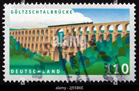GERMANY - CIRCA 1999: a stamp printed in the Germany shows Goltzsch Valley Bridge, is a Railway Bridge, the Largest Brick-built Bridge in the World, c Stock Photo