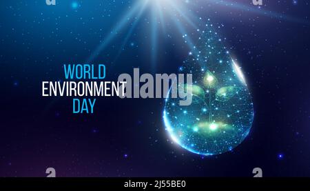 World environment day concept. Banner with plant in wireframe polygonal water drop. Futuristic modern abstract background. Vector illustration. Stock Vector