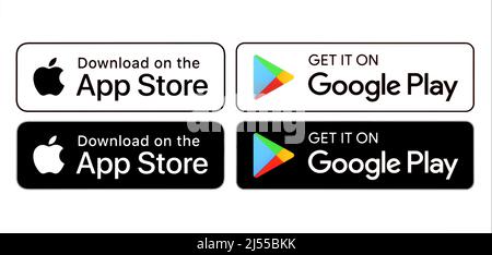 Kiev, Ukraine - February 08, 2022: Set of black and white Get it on Google Play and App Store button icons, printed on white paper Stock Photo