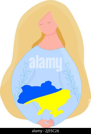The girl hold a map of Ukraine in her hands. Sad woman. Ukrainian blonde girl in national clothes. Stop war concept. Support for Ukraine agains Stock Vector