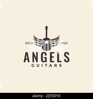 vintage simple guitar with wings logo design, vector graphic symbol icon illustration creative idea Stock Vector