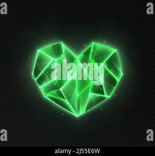 Realistic heart shaped crystal, green glowing gem isolated on dark background. Stock Vector