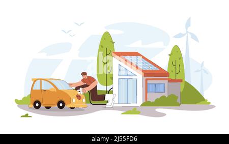 Flat man charging electric car in yard from ev charger station in modern smart home with photovoltaic solar panels on the roof. Eco house, friendly alternative renewable green energy concept. Stock Vector