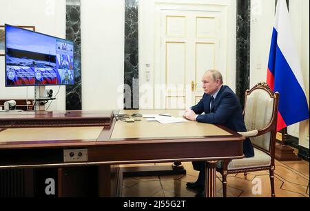 According to the Russian Presidential Press Office, Russia's President Vladimir Putin congratulates the defense ministry on the successful test launch of an RS-28 Sarmat intercontinental ballistic missile from the Plesetsk Cosmodrome in Arkhangelsk Region. PHOTO: The Russian Presidential Press and Information Office Stock Photo