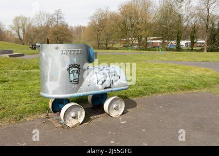 Metal trash can on wheels. Garbage collection in the city Stock