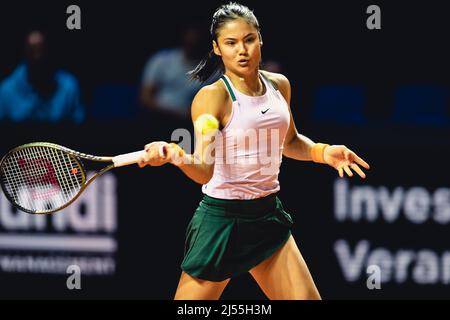 Emma Raducanu of Great Britain in action during her 1st Round Singles match of the 2022 Porsche Tennis Grand Prix against Storm Sanders of Australia at the Porsche Arena in Stuttgart, Germany  Dan O' Connor/SPP Stock Photo