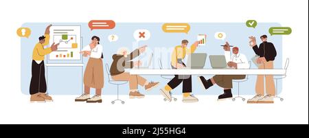 Hackathon concept flat vector illustration. Team of best programmers, graphic designers and developers create software development. People working together and designing computer app, web design. Stock Vector