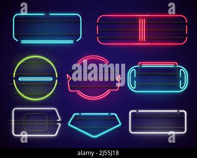 Realistic blank neon frames. Glowing borders on dark background. Fastening structures. Geometric shapes. Round and square signboards. Advertising Stock Vector