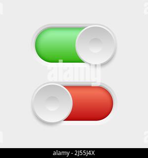 Realistic on and off button. 3D switches. Web interface design elements. Red and green sliders. Different positions. Dashboard toggles. UI turn icons Stock Vector