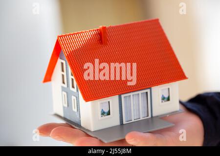 Symbol image desire for own home: Woman holds model house on her hand Stock Photo