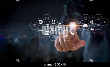 Man hand use finger touch fingerprint connect to cloud  Digital transformation, new technology and business process strategy, automate operation, cust Stock Photo