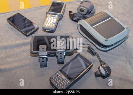 Ring Barcode Scanner Handheld Portable Computer Reader Smarthone Printer Set Stock Photo