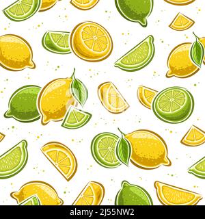 Vector Lemon and Lime seamless pattern, repeat background with set of cut out illustrations lemons with leaves, group of fruity still life, chopped qu Stock Vector