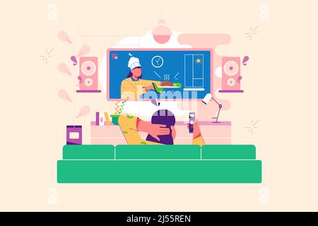 Person watch favorite television show on tv, home chill Stock Vector
