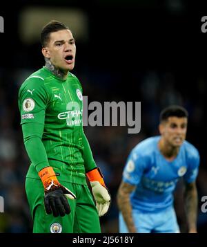 Manchester City goalkeeper Ederson (left) during the Premier League match at the Etihad Stadium, Manchester. Picture date: Wednesday April 20, 2022. Stock Photo
